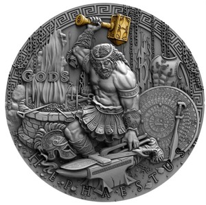 【海宁潮现货】纽埃2019年众神3火神赫菲斯托斯超高浮雕镀金银币