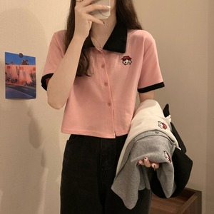 搭高腰裤的上衣短款polo短袖夏衣服修身撞色刺绣小个子T恤女装ins