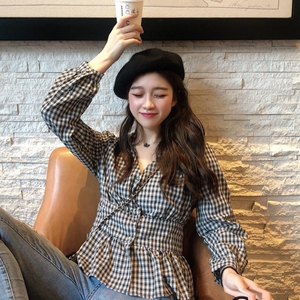 法式格子衬衫女日系收腰薄款长袖春秋v领温柔风设计感气质上衣潮