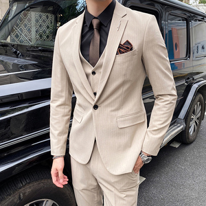 休闲西服套装男士韩版潮流修身浅色英伦风条纹商务正装礼服小西装