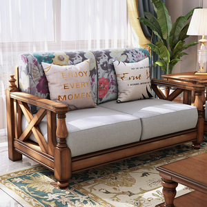 美式乡村实木沙发布艺风格小户型客厅复古家具田园双人三人组合