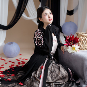 妖姬·诗际原创宋制汉服女黑色对襟刺绣长褙子改良齐腰襦裙中国风