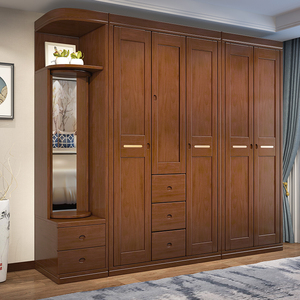 实木衣柜原木 3 4 5 6门中式卧室木质衣橱带转角边柜平开门大衣柜