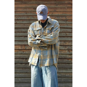 cleanfit蓝黄色格子衬衫男长袖高级感格纹衬衣春秋季美式复古外套