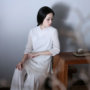 简约禅意纯棉汉服女柔软交叉领纯白色禅修服居士服女上衣汉服茶服