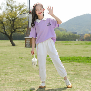 大童女装一米二三四五六年级小姑娘八九十岁小孩衣服夏天款套装紫