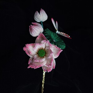 非遗绒花发饰 荷花发簪 莲花发饰 蜻蜓荷叶 汉服发饰 古风发簪发