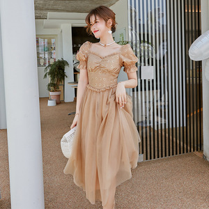 moka女装2022夏天网纱拼接泡泡袖连衣裙气质收腰显瘦短袖甜美长裙