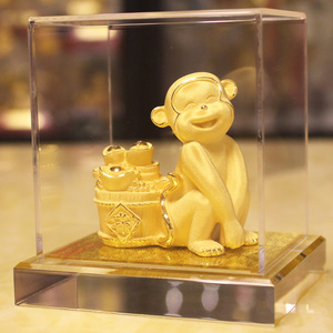 周大福周生生周大生生肖绒沙金猴如意摆件猴年贺岁工艺品聚宝盆家
