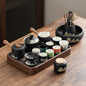 远山黑陶功夫茶具套装家用客厅陶瓷轻奢现代简约茶壶盖碗茶杯整套