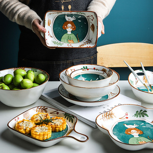 舍里 创意可爱卡通陶瓷餐具套装米饭碗荷口碗汤碗花型碗面碗烤盘