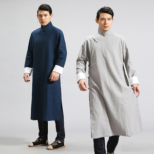 中式唐装长衫斜襟改良汉服中国风男装亚麻长袍书生民国相声演出服