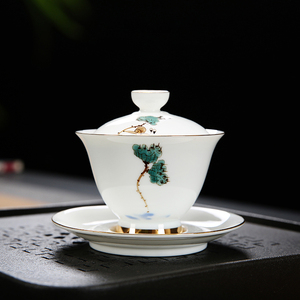 手绘盖碗 茶杯陶瓷功夫茶具家用大号泡茶碗杯白瓷敬三才盖碗单个