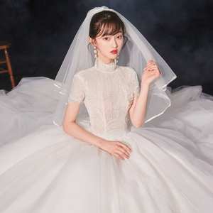 轻主婚纱小个子2022新款气质新娘拖尾法式在逃公主复古立领简约夏