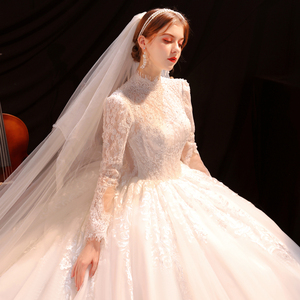 长袖轻主婚纱新款西式新娘大拖尾气质立领复古重工奢华高端女