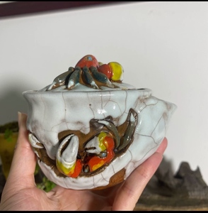 乐山烧螃蟹宝瓶  志野烧螃蟹茶杯水月烧螃蟹公道杯二乐烧天神蟹杯