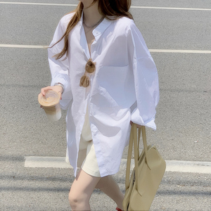 防晒衬衣女夏长袖设计感小众白色衬衫韩版洋气中长款开衫春秋外套