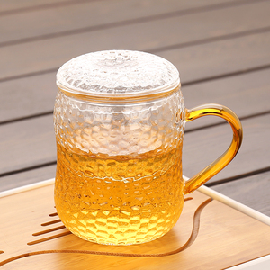 日式锤纹玻璃杯大号带盖水杯带把家用茶杯喝茶杯子过滤茶水分离杯