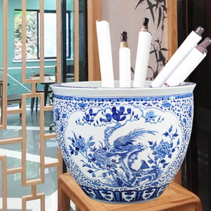 景德镇陶瓷书画缸手绘青花瓷卷轴缸家居收纳摆件装饰工艺品鱼缸