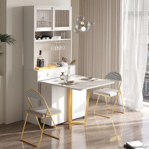 折叠餐桌餐边柜一体多功能伸缩岩板桌子轻奢家用小户型长方形饭桌