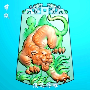 精雕图仿古牌头下山虎12生肖浮雕图jdp山水猛虎玉雕图老虎牌