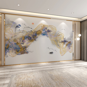 8D新中式抽象金色山水电视背景墙客厅装饰壁画现代简约影视墙布