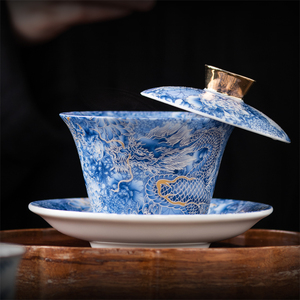 青花三才盖碗可360度悬停泡茶碗陶瓷功夫茶具盖碗盖子悬浮泡茶杯