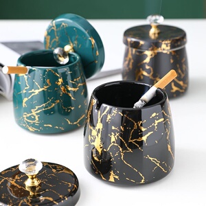 立式烟灰缸青花瓷景德镇陶瓷大号复古小鹿陶瓷防飞灰客厅摆件家用