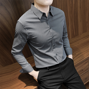 格子男士衬衫长袖夏季冰丝高级感2024新款七分袖商务修身短袖衬衣