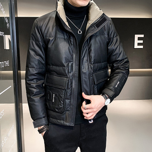 冬季男士PU皮羽绒服短款2024年新款加厚外套潮牌高端立领皮衣夹克
