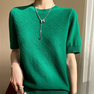 100%纯羊毛衫女圆领短袖针织打底衫中袖半袖镂空设计感春秋季上衣