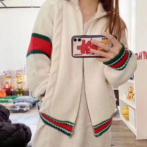 欧洲正品代购 gucci/古奇 20秋冬新款 红绿条纹拉链毛衣外套