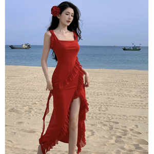 法式不规则红色吊带连衣裙女夏季高级性感晚礼服海边度假沙滩长裙
