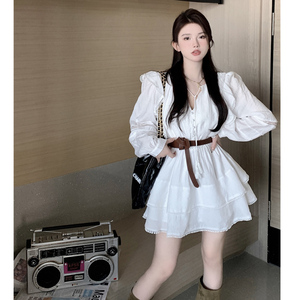 茶歇法式白色衬衫连衣裙仙女春季气质小众设计感公主蛋糕蓬蓬短裙