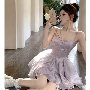 茶歇法式紫色扎染鱼骨吊带连衣裙女夏季生日小礼服公主蓬蓬短裙子