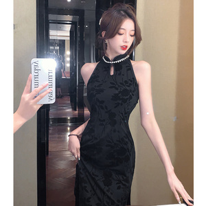 新中式轻国风黑色改良旗袍连衣裙女装夏季高级性感包臀长裙小个子
