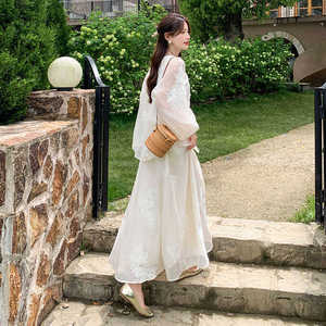 米白新中式连衣裙套装女夏季宽松防晒禅意国风上衣刺绣提花半身裙