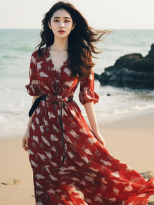 法式茶歇气质长裙高端精致度假风红色印花真丝雪纺连衣裙春季女装