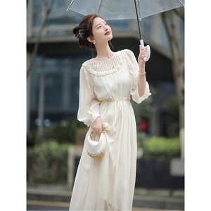 夏季法式高级感气质白色雪纺连衣裙女名媛显瘦平时可穿礼服长裙