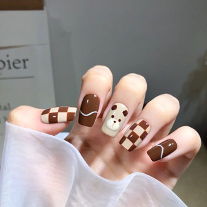 手工穿戴甲片成品假指甲定制秋冬立体咖啡小熊美甲贴小红书抖音同