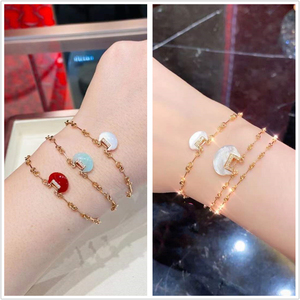 正品qeelin/麒麟yuyi如意锁手链 18k玫瑰金 镶钻 绿翡翠 双链手饰
