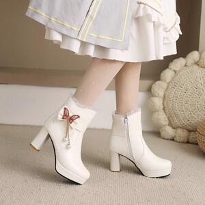 甜美公主鞋春秋单靴防水台高跟短靴女洛丽塔蝴蝶结lo鞋白色冬季鞋