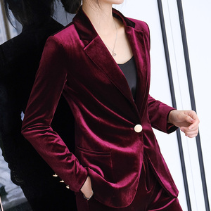 高级感金丝绒西装套装女韩版气质时尚正装主持人酒红色西服两件套
