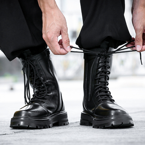 马丁靴男高帮潮百搭复古长筒皮靴男英伦风加绒工装靴子男真皮拉链