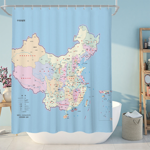 中文英文中国世界地图浴帘套装免打孔伸缩杆防水防霉浴室隔断门帘