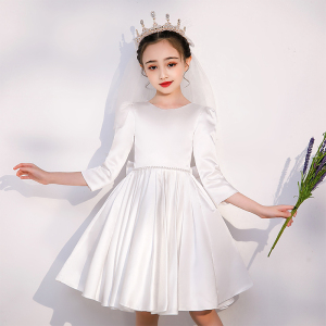 花童婚礼小女孩礼服长袖秋季儿童结婚伴童女童缎面公主裙高端洋气