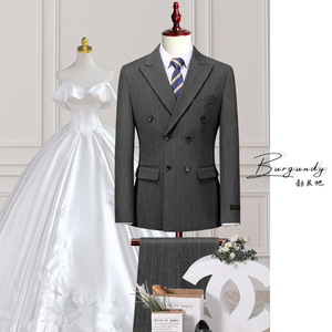 Burgundy高定西服男士双排扣新郎婚礼结婚条纹正装英伦风西装套装