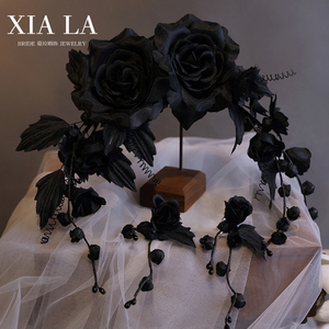 夏拉创意个性黑色花环头花新娘头饰法式复古婚纱礼服写真样片配饰