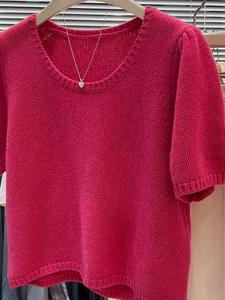 欧货爆款玫红色短袖针织衫女韩版早秋新款超显白宽松舒适套头上衣