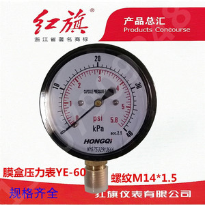 红旗膜盒压力表YE-60 天然气压力表 千帕表 微压表 60表面膜盒表